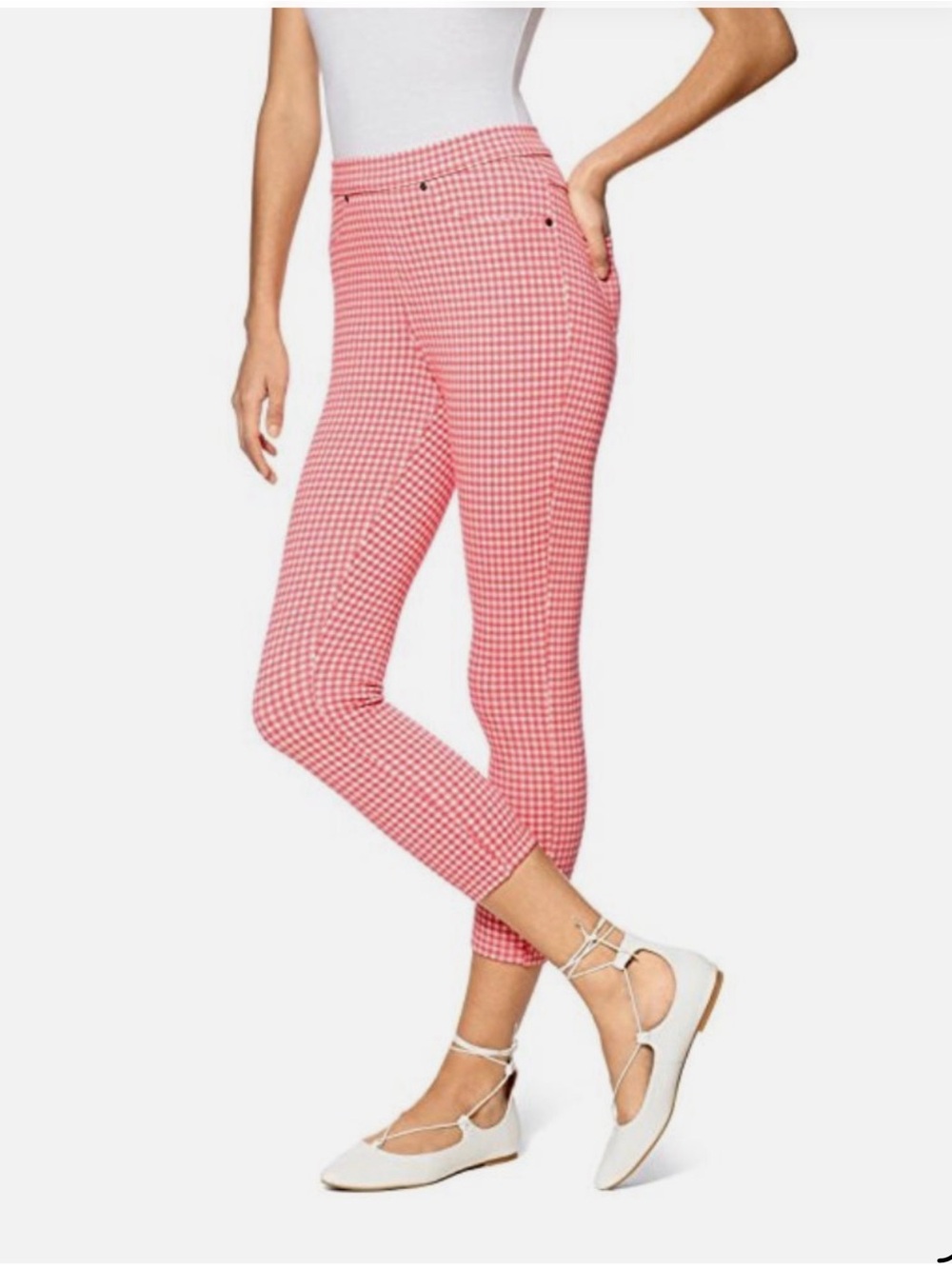 HUE Pink Gingham Cropped Pull on Ankle leggings.